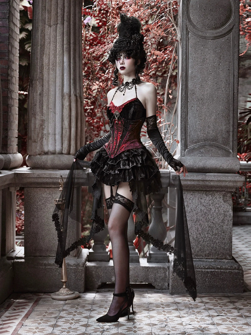 Duchess Gothic Velvet Long Tail Belt Suspender Tulle Dress Suit