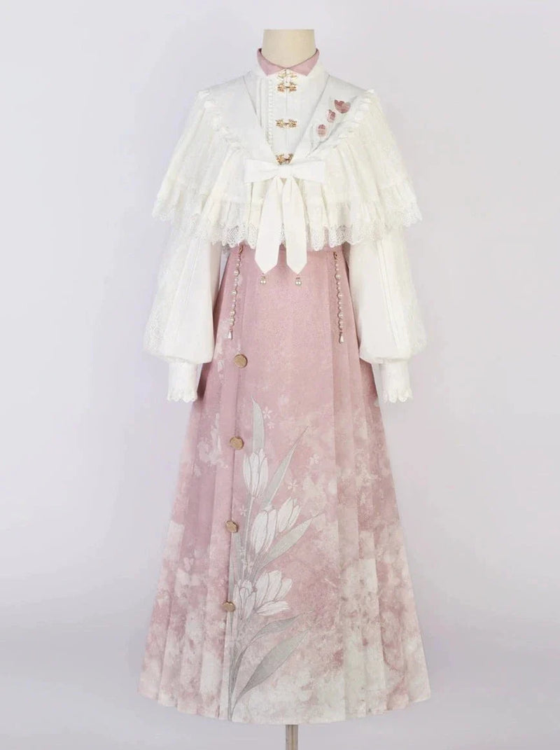 Sweet Chinese-style Blouse + Sweet Flower Pleated Skirt + Lace Ribbon Shawl