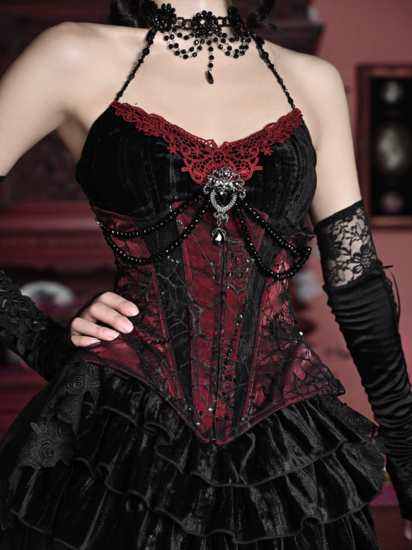 Duchess Gothic Velvet Long Tail Belt Suspender Tulle Dress Suit