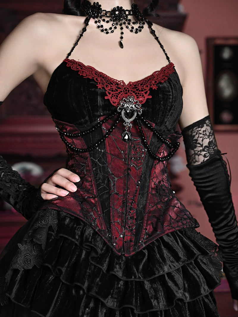 Duchess Gothic Velvet Long Tail Belt Suspender Tulle Dress Suit