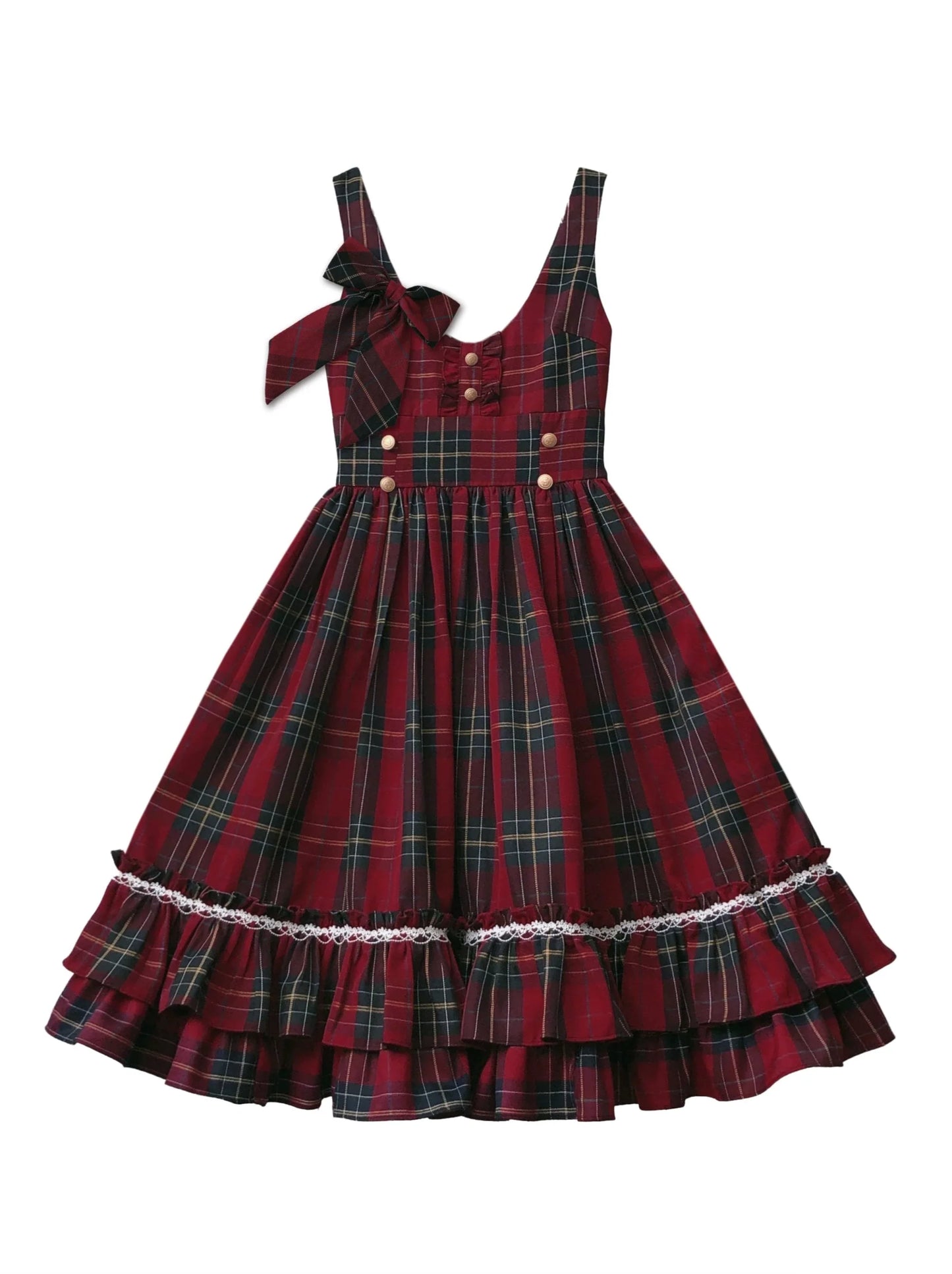 Little Red Riding Hood Cape Ribbon Coat + Pleated Collar Shirt + Plaid Tiered Dress + Head Scarf