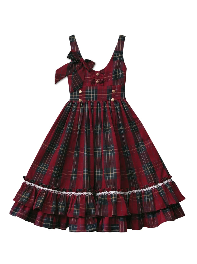 Little Red Riding Hood Cape Ribbon Coat + Pleated Collar Shirt + Plaid Tiered Dress + Head Scarf