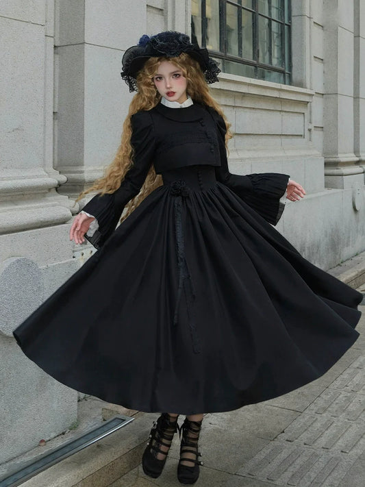 Night Traveler Classic Black Gothic Lace Jacket Dress + Ruffle White Blouse and Black Dress