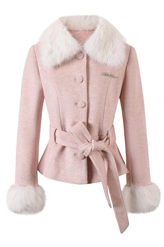 Sweet Girly Fur Waist Ribbon Coat + Fur Tight Skirt