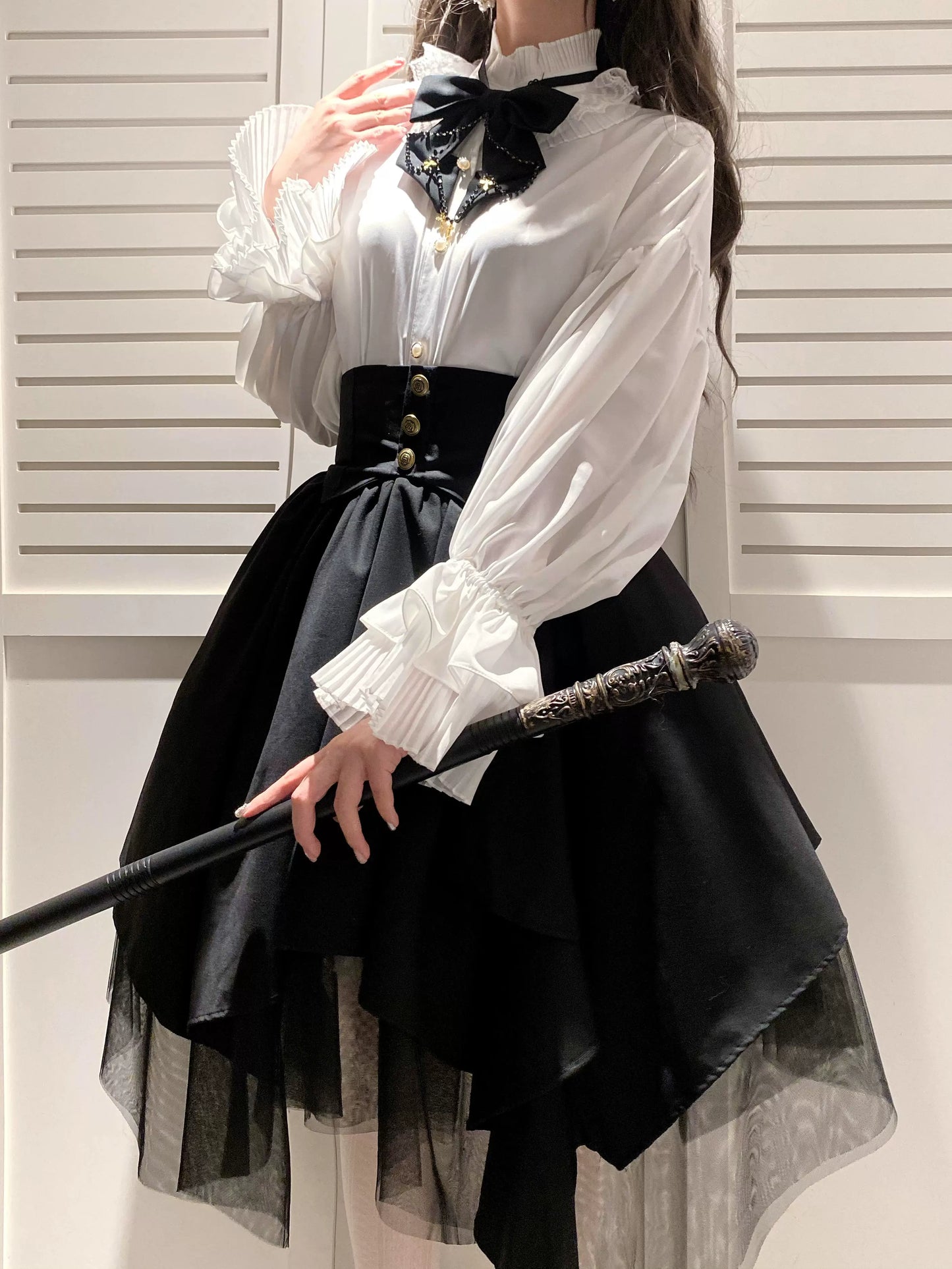 Retro Gothic Style Ribbon Tie Shirt + Irregular Tulle Skirt Suit