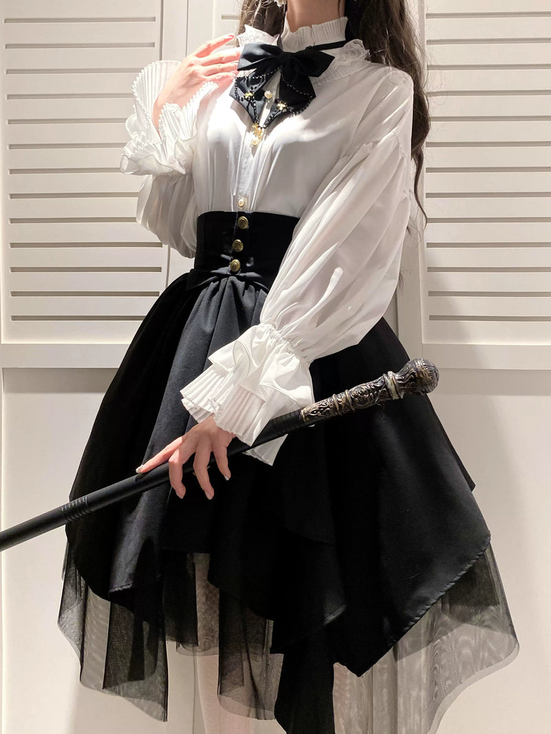 Retro Gothic Style Ribbon Tie Shirt + Irregular Tulle Skirt Suit