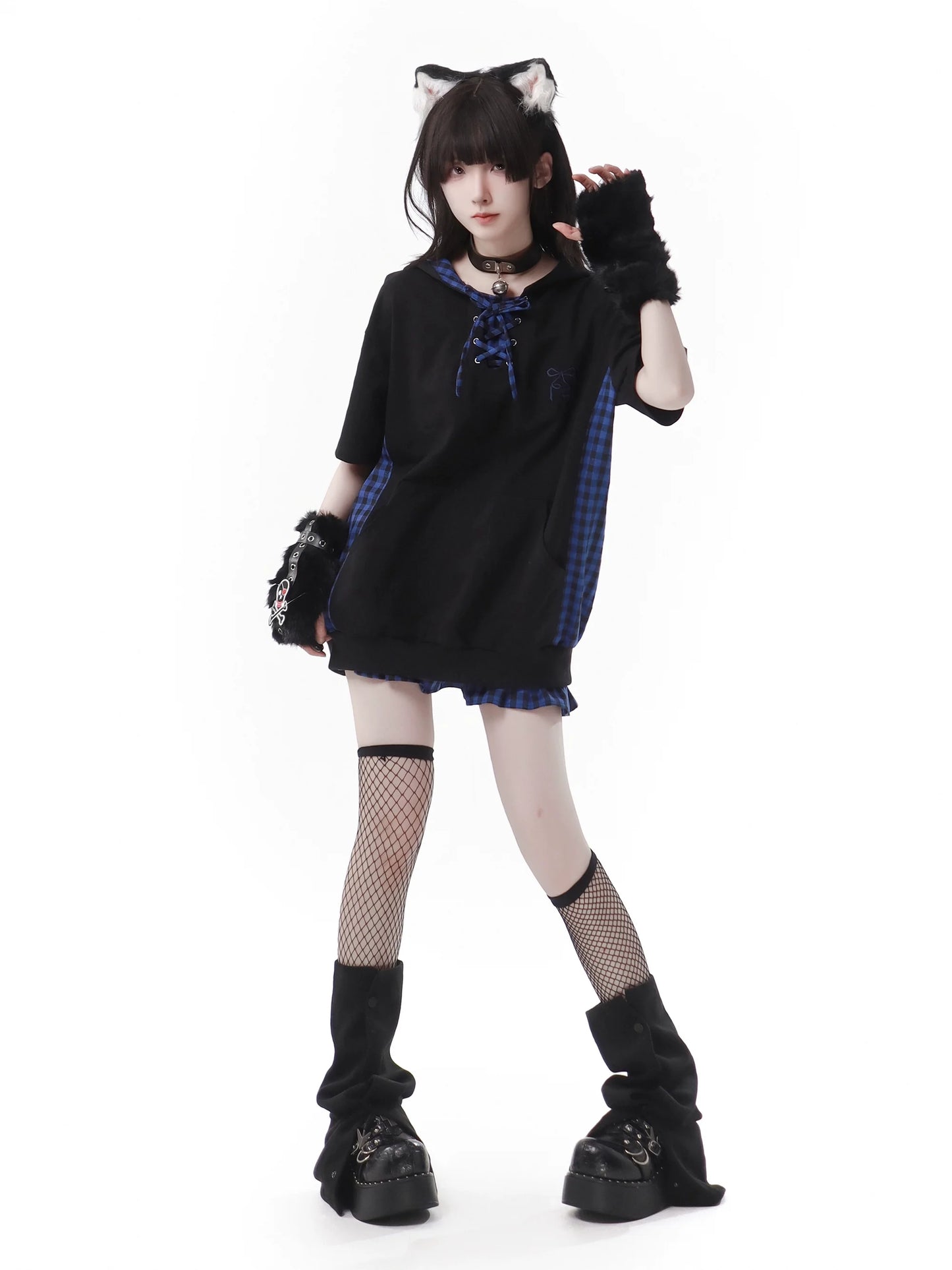 Blue Plaid Stitch Cat Ear Hoodie Summer Strap Design Suit