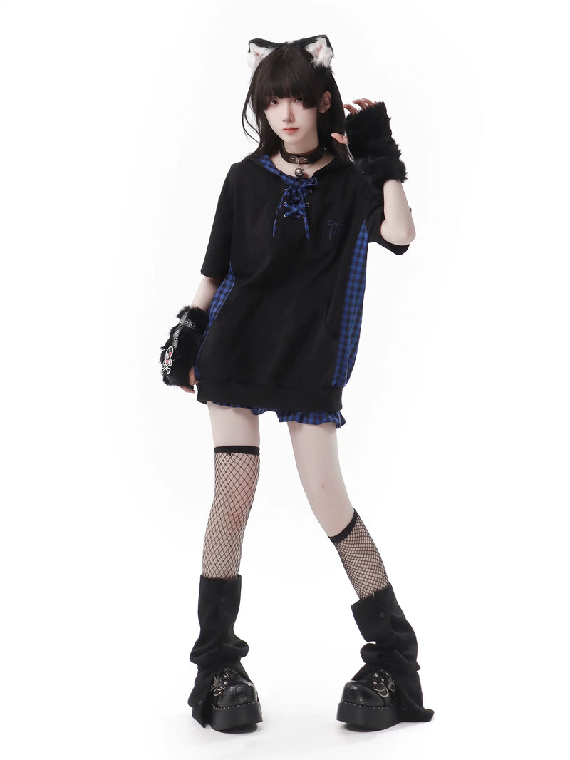 Blue Plaid Stitch Cat Ear Hoodie Summer Strap Design Suit