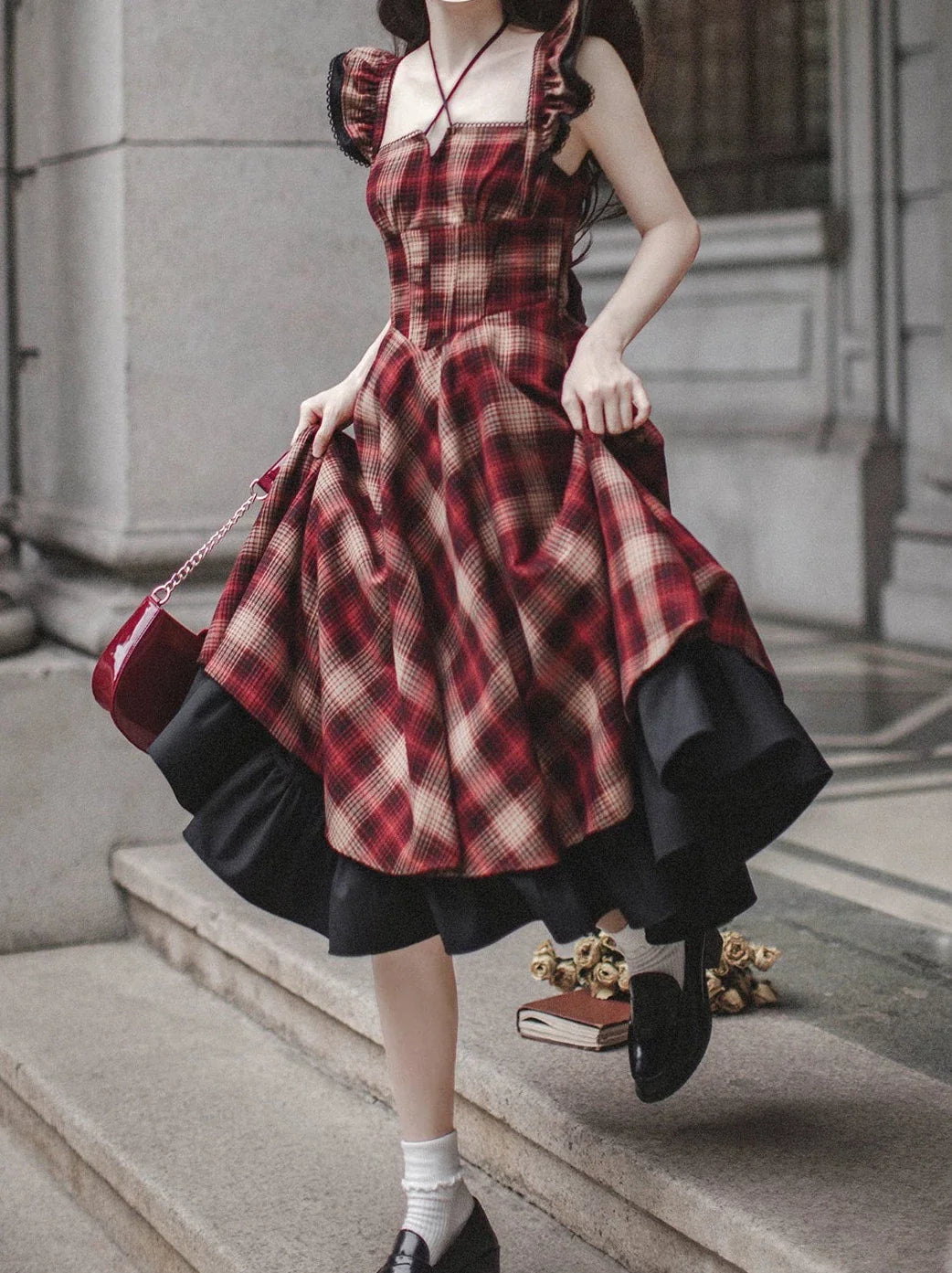 Retro Suit Black Ruffle Sleeve Shirt + Plaid Ruffle Shoulder Layered Dress + Ribbon Accessories [pre-order]