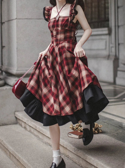 Retro Suit Black Ruffle Sleeve Shirt + Plaid Ruffle Shoulder Layered Dress + Ribbon Accessories [pre-order]