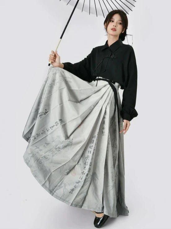 Chinese-style Retro Black Shirt + Gray Print Long Skirt