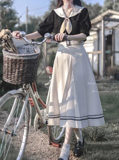 Retro French Sailor Collar Puff Sleeve Shirt + Box Pleat Skirt + Bunny Ear Necktie [pre-order]