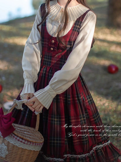 Little Red Riding Hood Cape Ribbon Coat + Pleated Collar Shirt + Plaid Tiered Dress + Head Scarf