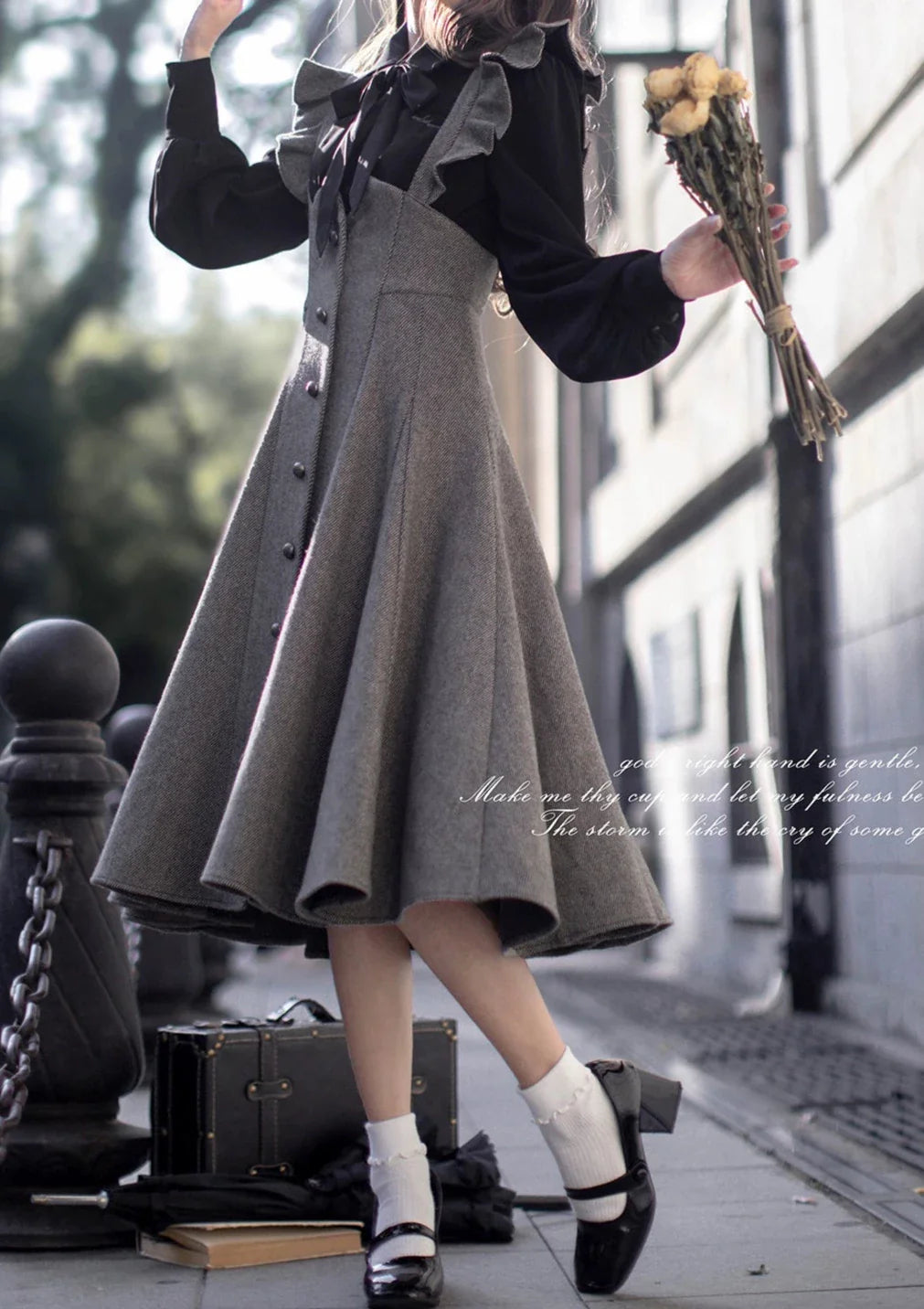 Retro Black Ribbon Volume Sleeve Shirt + Ruffle Shoulder Suspender Skirt