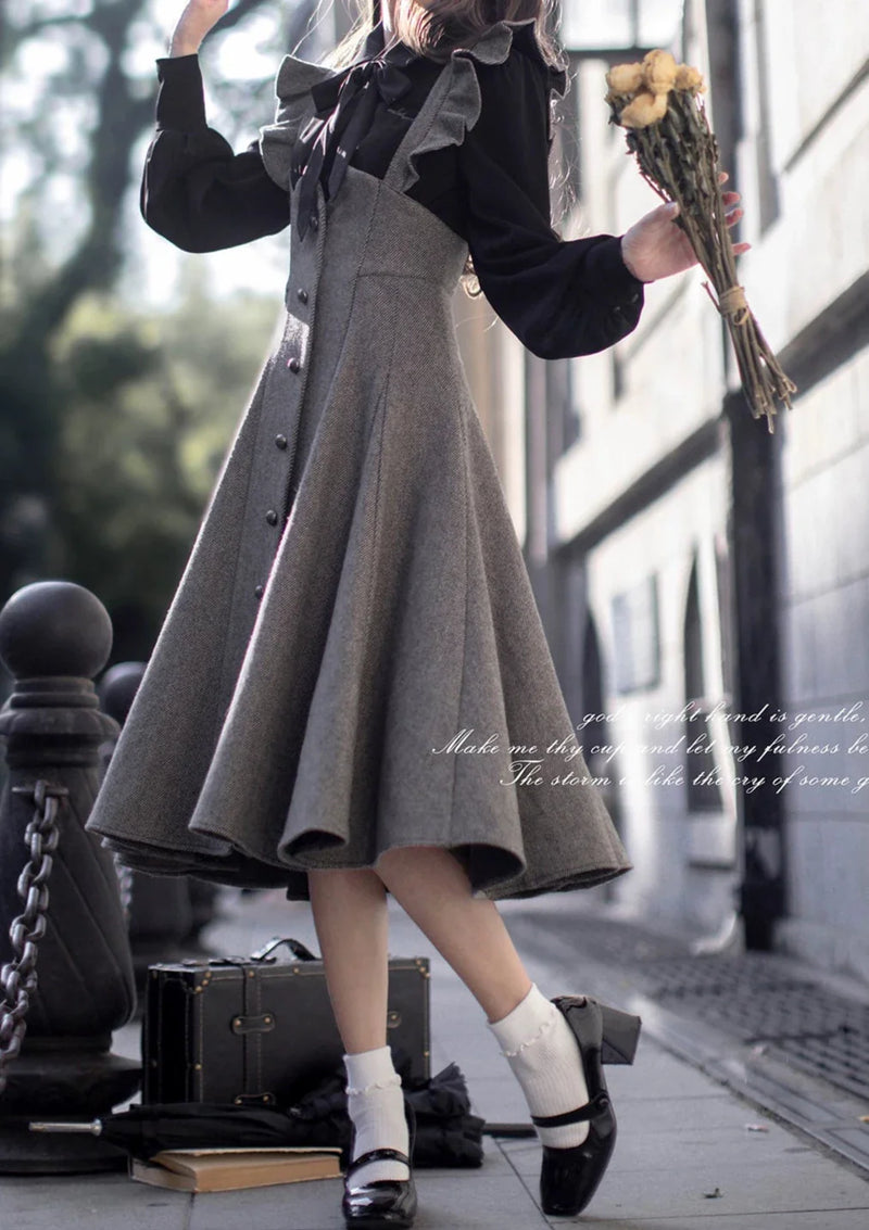 Retro Black Ribbon Volume Sleeve Shirt + Ruffle Shoulder Suspender Skirt