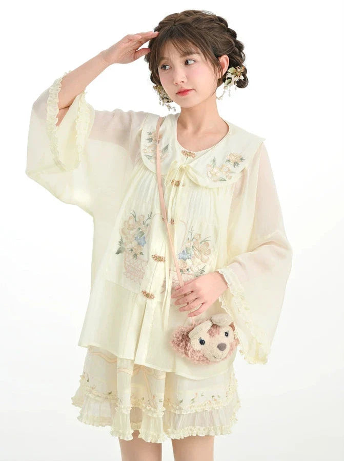 Forest Chinese-style Attached Collar Sheer Ruffled Shirt + Skirt [pre-order]