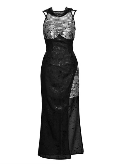 Punk Black Silver Mesh Sheer Slit Hooded Dress Suit