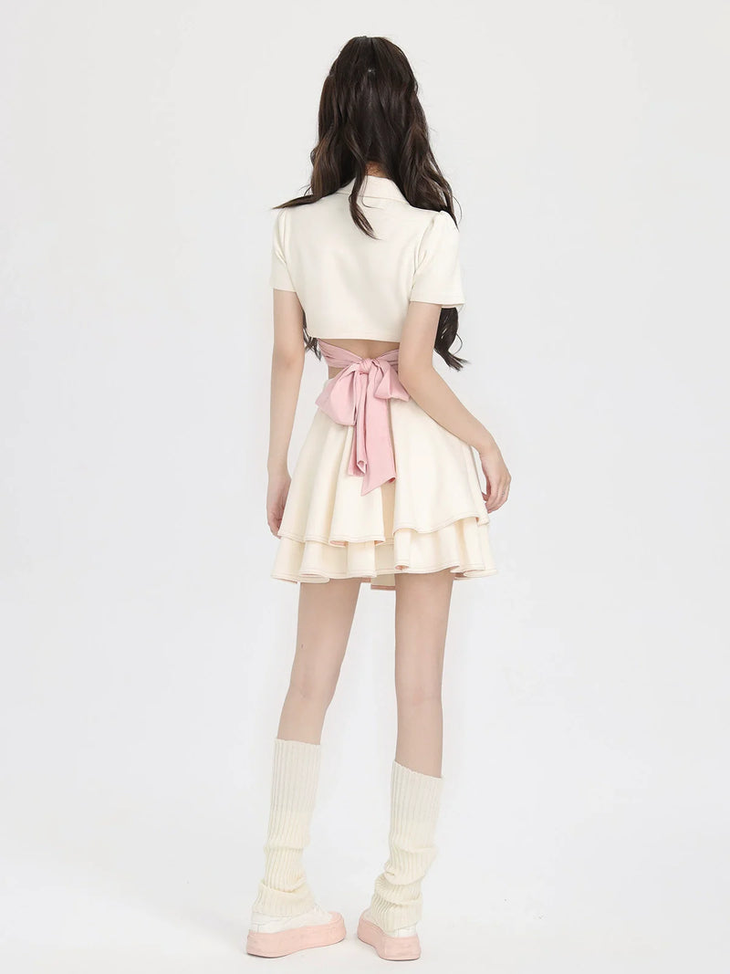 Back Ribbon Short Polo Collar Shirt + Ballet Style Skirt