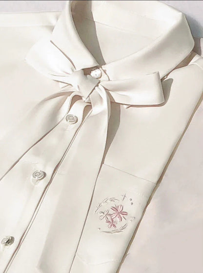 College Black Trench Coat + Metal Badge + Embroidery Ribbon Shirt + Pleated Skirt