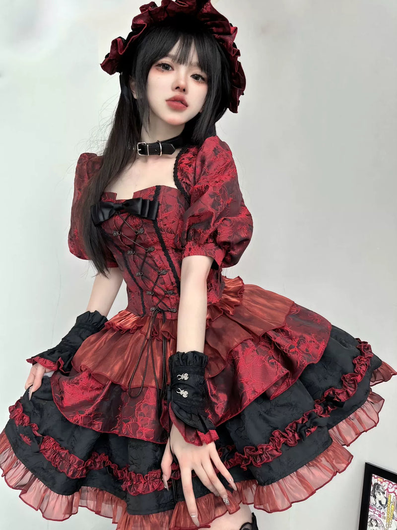 Jacquard Puff Sleeve Vest + Fishbone Corset + Flared Skirt