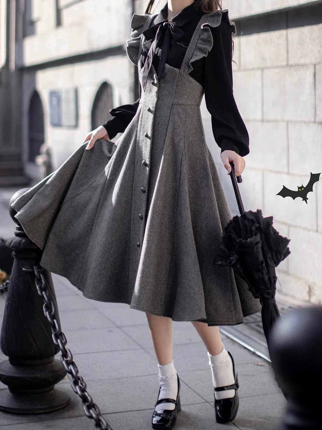 Retro Black Ribbon Volume Sleeve Shirt + Ruffle Shoulder Suspender Skirt