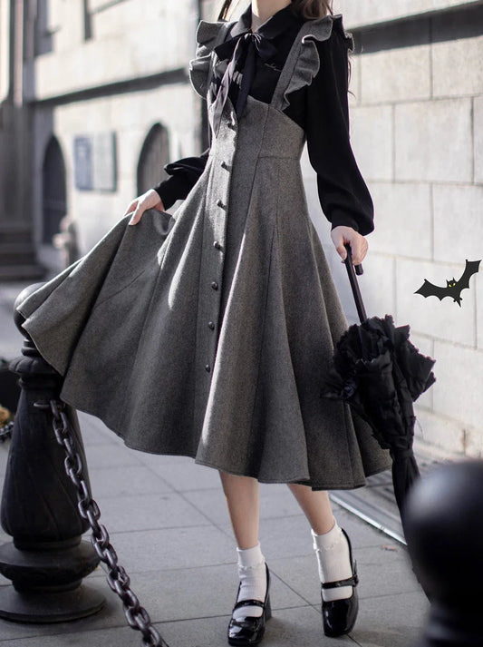 Retro Black Ribbon Volume Sleeve Shirt + Ruffle Shoulder Suspender Skirt