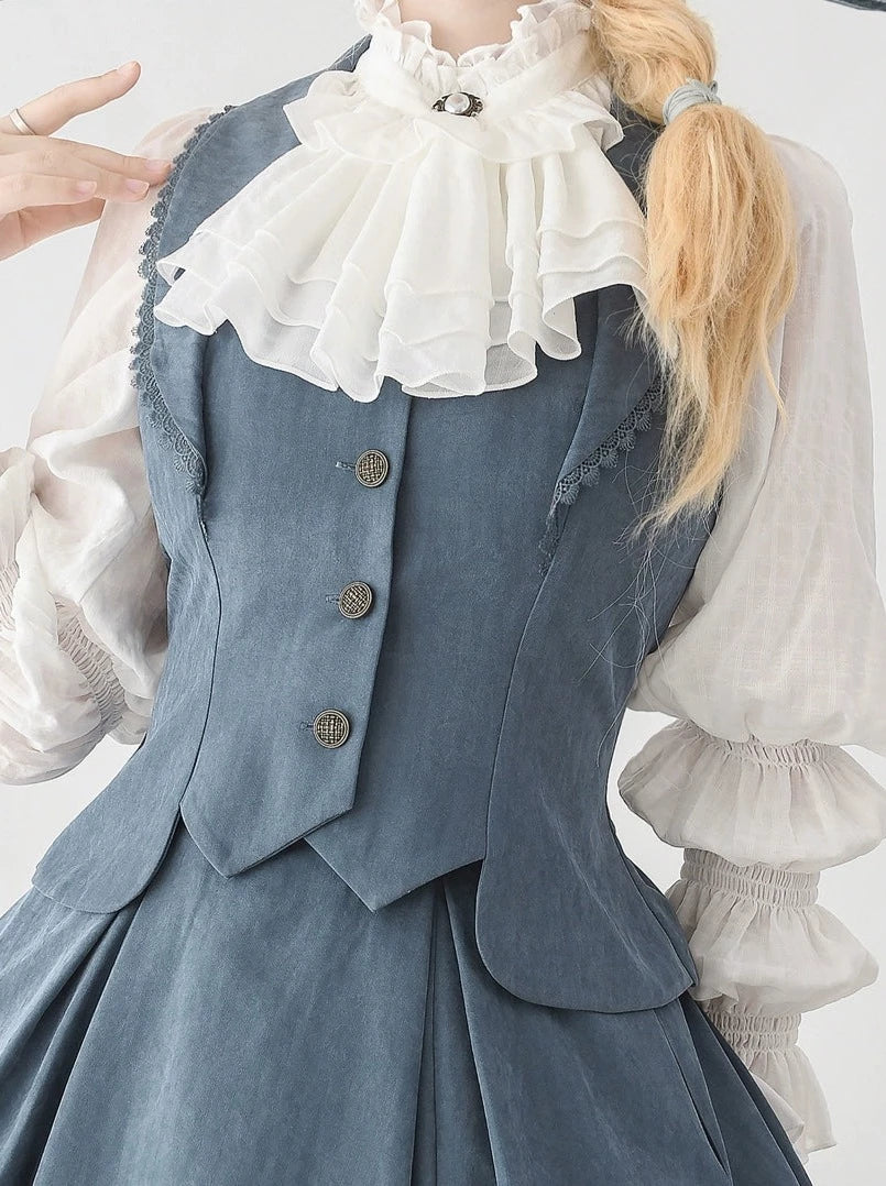 Classical Retro Blouse + Colored Vest + Flared Long Skirt