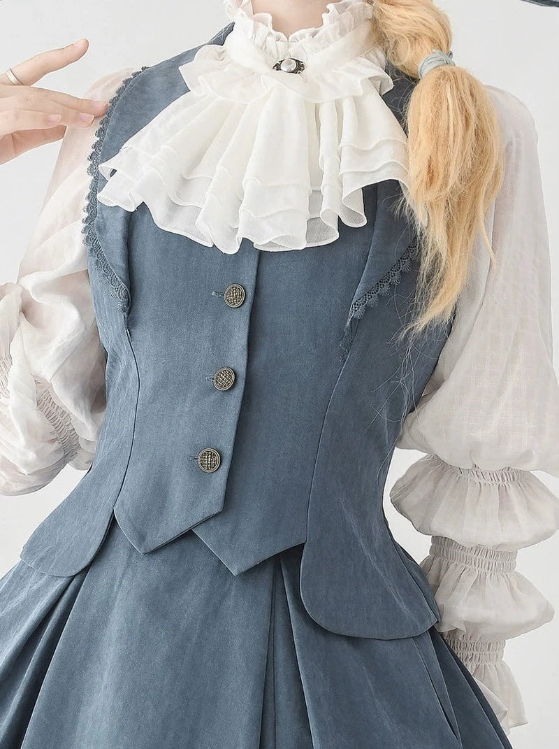 Classical Retro Blouse + Colored Vest + Flared Long Skirt