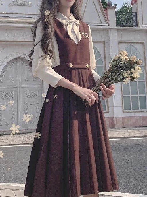 College Style Cream Chiffon Inner Shirt + V Neck Vest Skirt + Ribbon Accessories [pre-order]