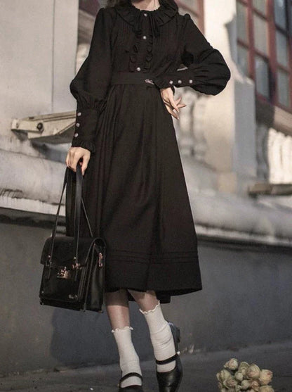 Retro Suit Red Short Jacket + Black Ruffle Lantern Sleeve Dress + Ribbon Tie