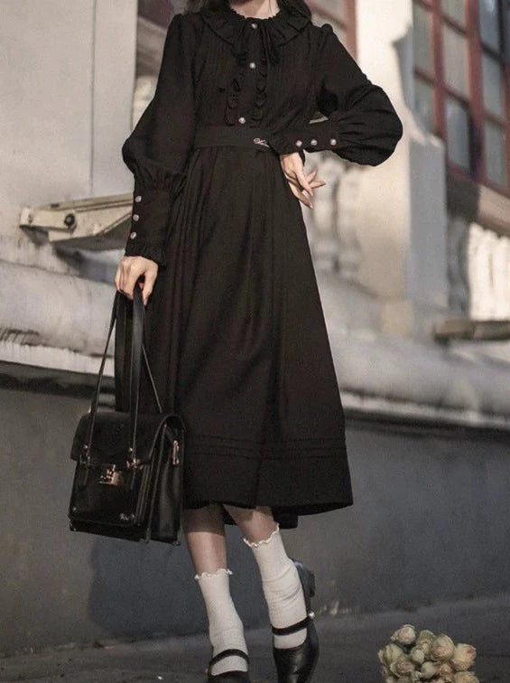 Retro Suit Red Short Jacket + Black Ruffle Lantern Sleeve Dress + Ribbon Tie