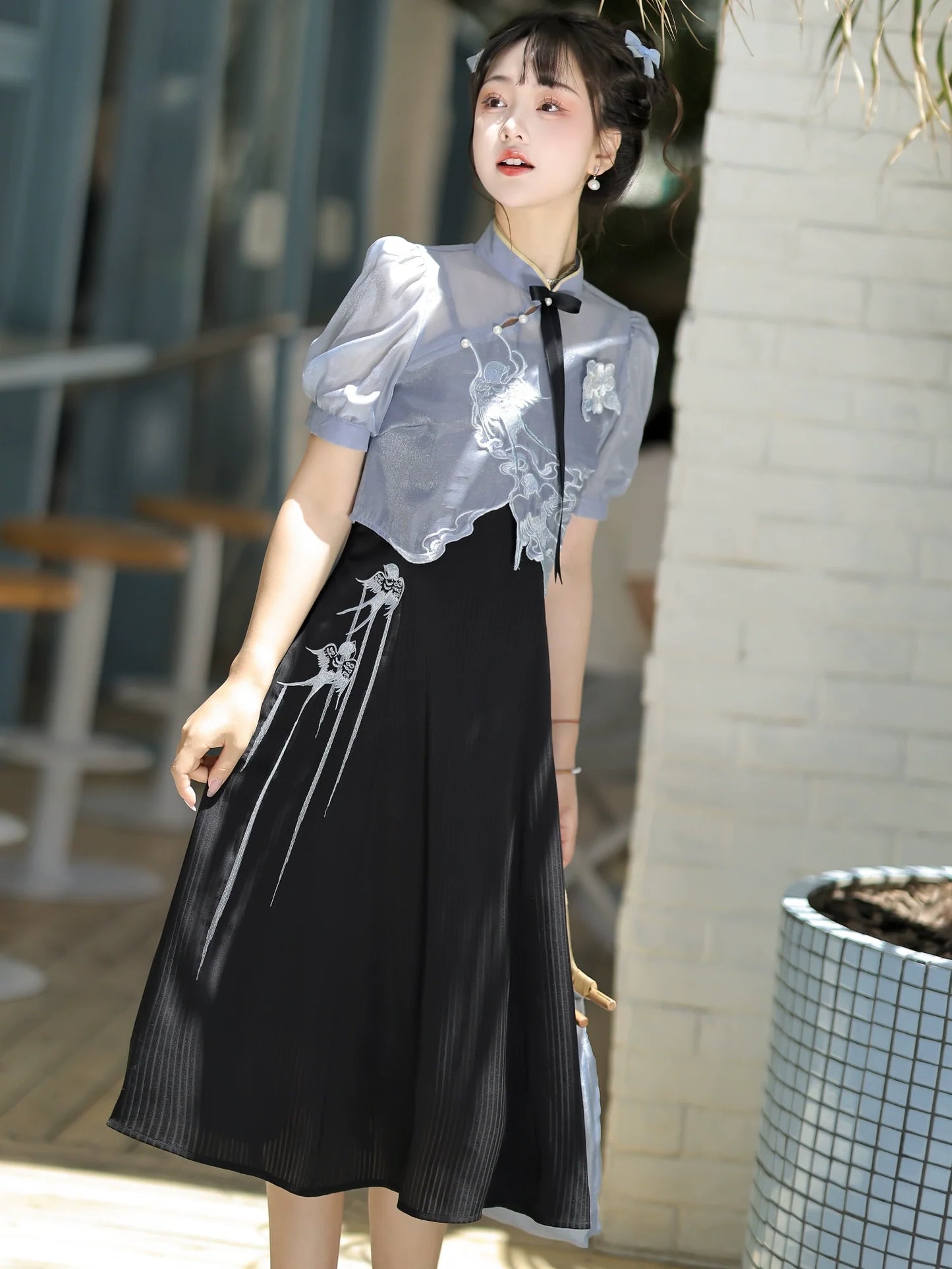 Sheer Short Chinese-style Shirt + Suspender Dress [short / Long] + Bag