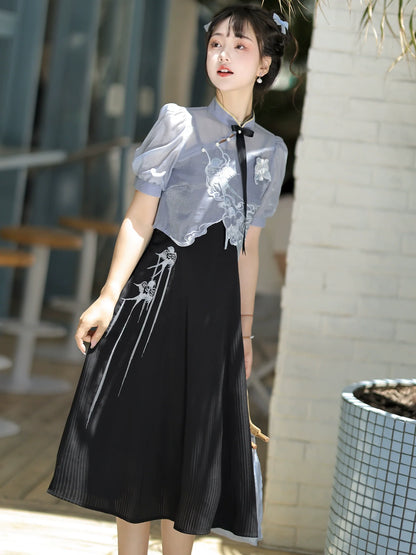Sheer Short Chinese-style Shirt + Suspender Dress [short / Long] + Bag