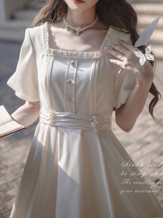 French Retro Apricot Square Collar Dress + Pearl Satin Belt [pre-order]