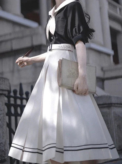 Retro French Sailor Collar Puff Sleeve Shirt + Box Pleat Skirt + Bunny Ear Necktie [pre-order]