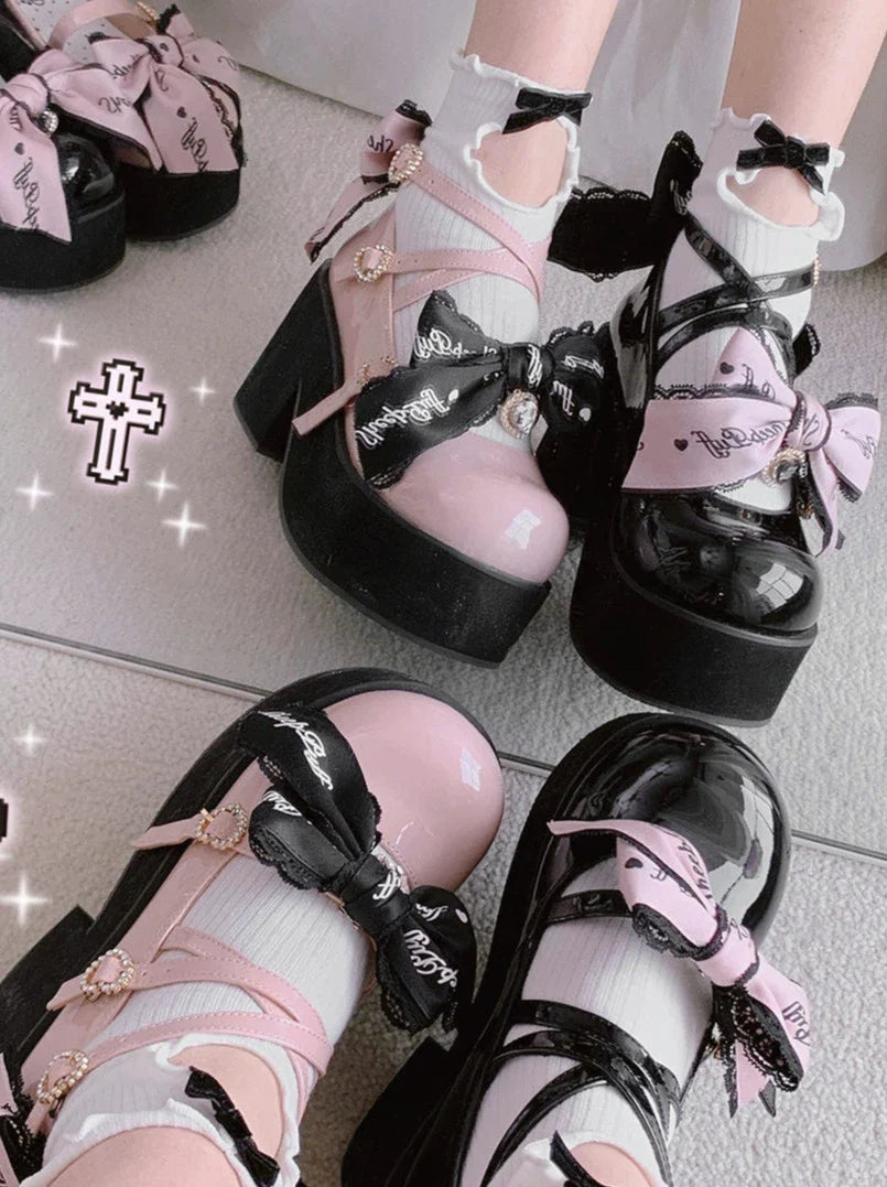 Black Pink Jewel Ribbon Platform Shoes