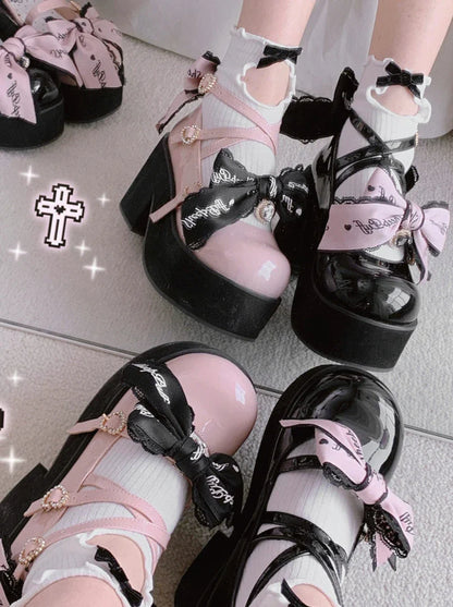 Black Pink Jewel Ribbon Platform Shoes