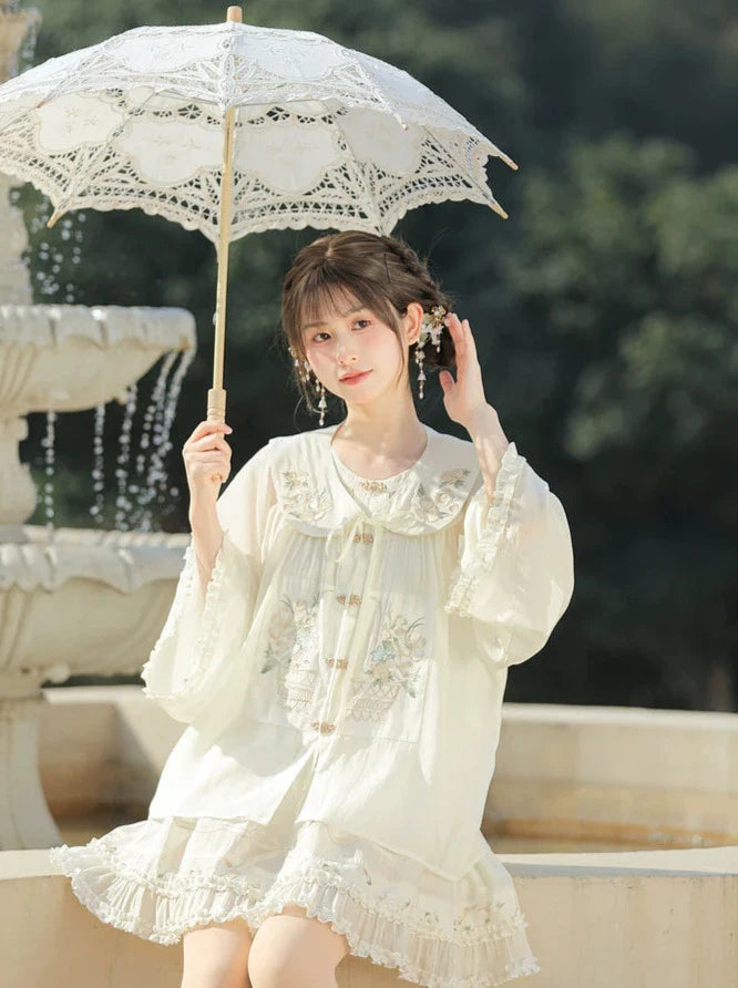 Forest Chinese-style Attached Collar Sheer Ruffled Shirt + Skirt [pre-order]