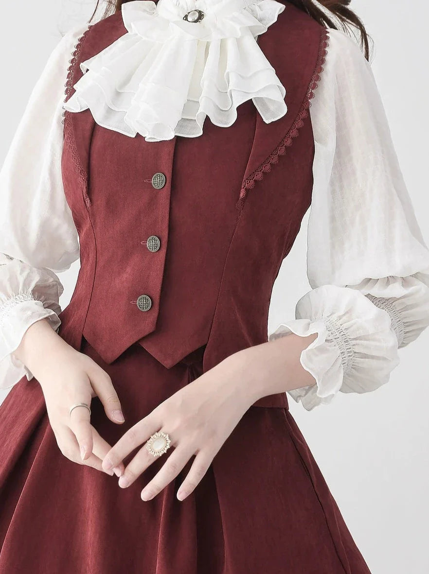 Classical Retro Blouse + Colored Vest + Flared Long Skirt