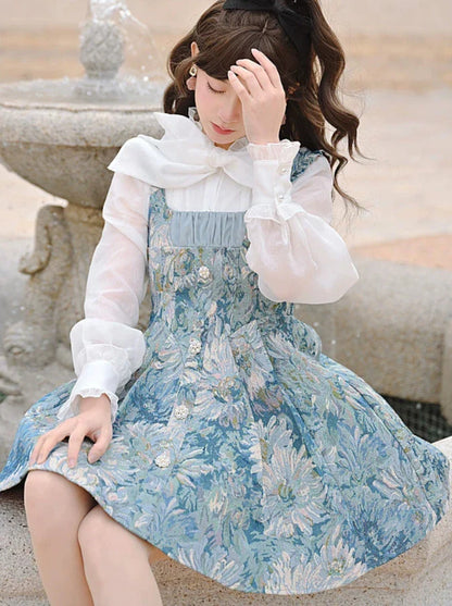 Chiffon Ruffled Bow Tie Shirt + Forest Oil Paint Taste Suspender Dress
