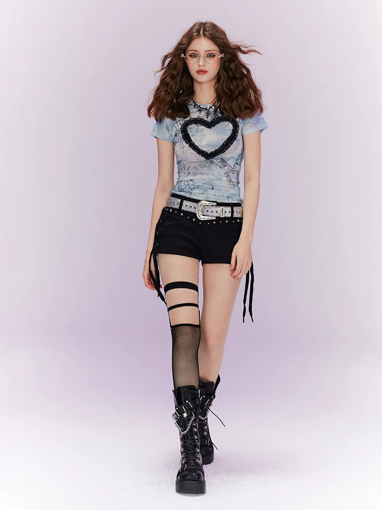 Heart Slim Top + Side Ribbon Shorts
