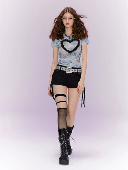 Heart Slim Top + Side Ribbon Shorts