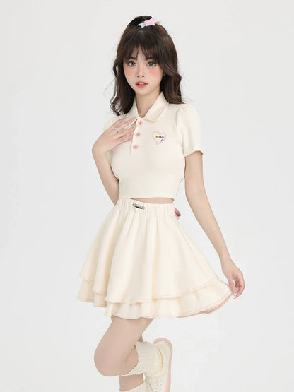 Back Ribbon Short Polo Collar Shirt + Ballet Style Skirt