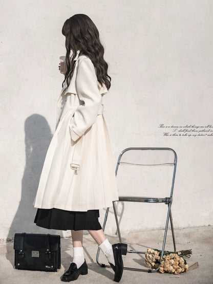 College Apricot Trench Coat + Metal Badge + Black Embroidery Ribbon Shirt + Pleated Skirt