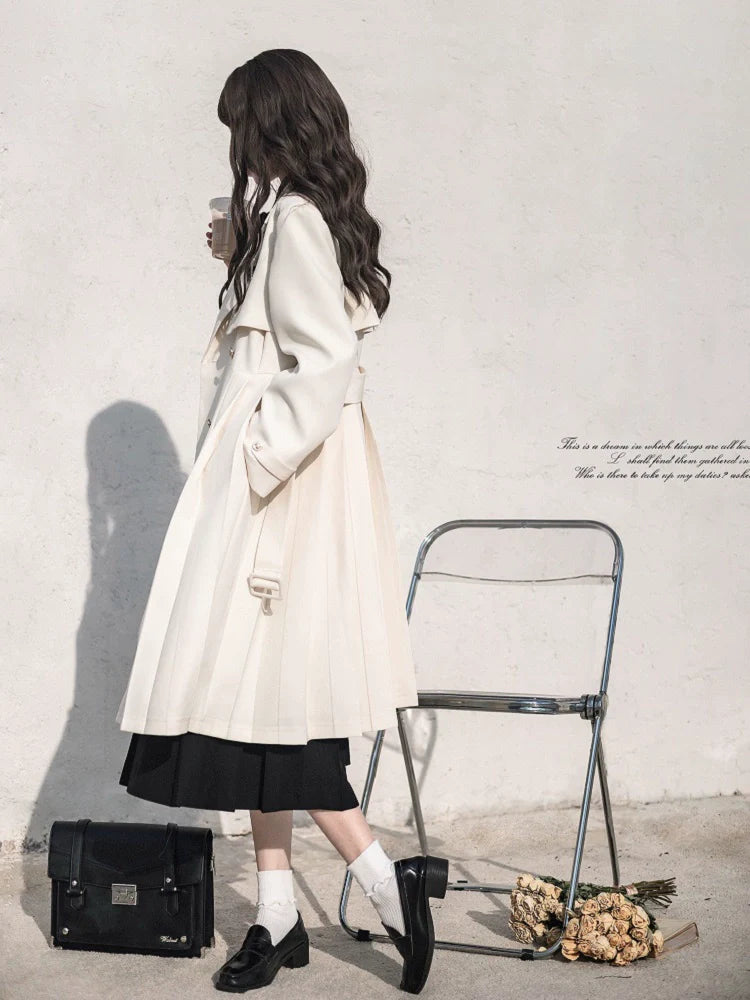 College Apricot Trench Coat + Metal Badge + Black Embroidery Ribbon Shirt + Pleated Skirt