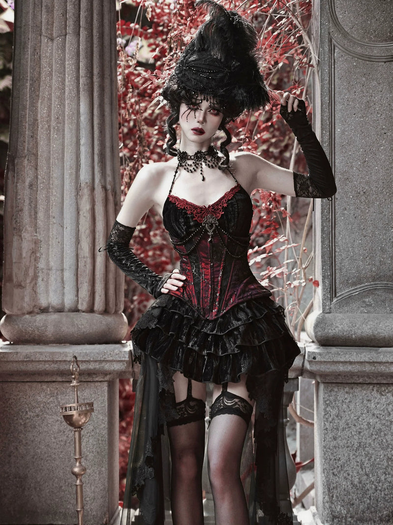 Duchess Gothic Velvet Long Tail Belt Suspender Tulle Dress Suit