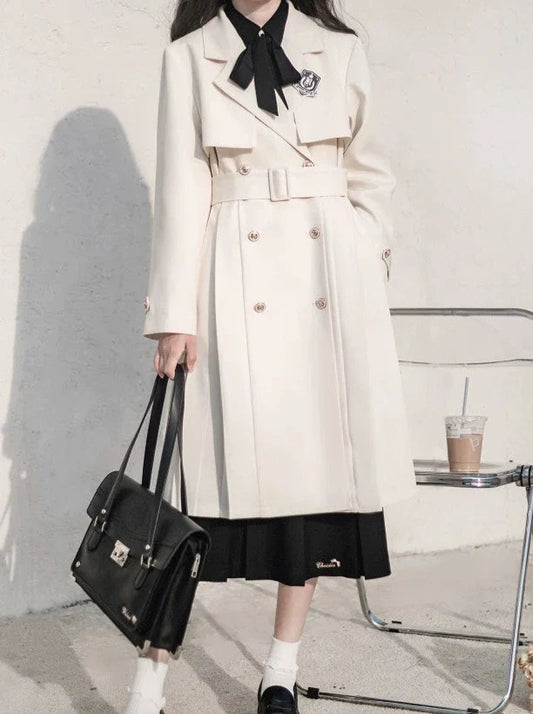 College Apricot Trench Coat + Metal Badge + Black Embroidery Ribbon Shirt + Pleated Skirt