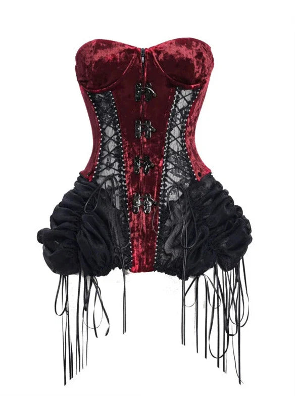 Hell Alice Gothic Dark Fishbone Strap Corset Tulle Dress Set