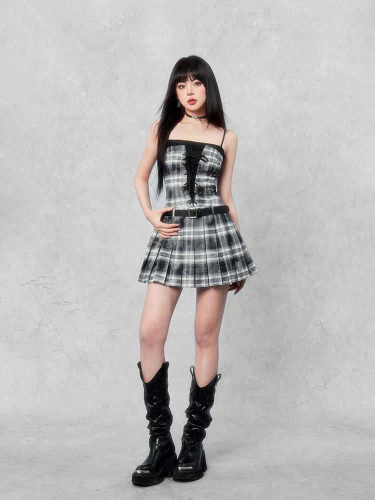 Center Lace-up Check Camisole Dress