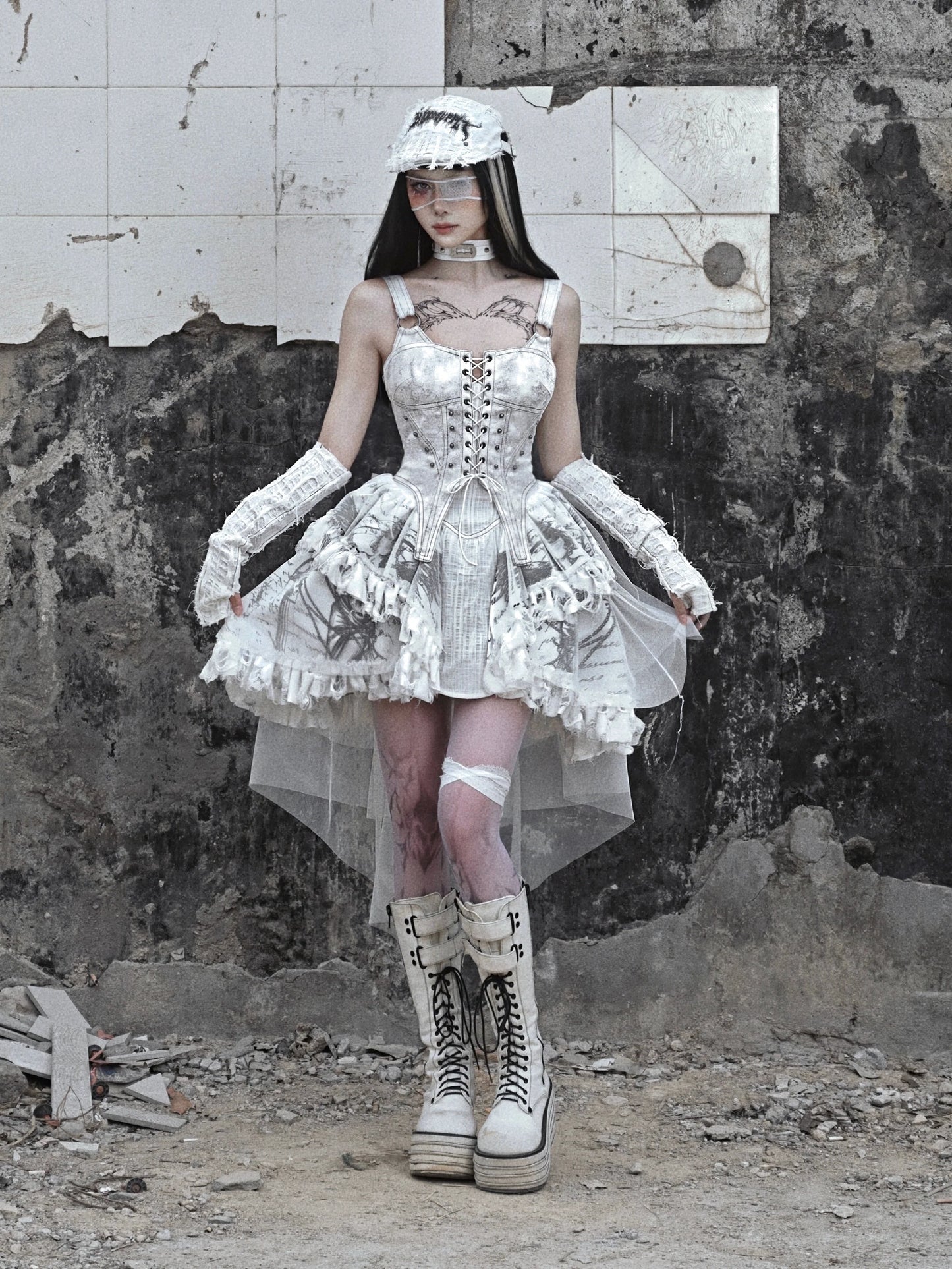 Lace-up Camisole White Gothic Dress